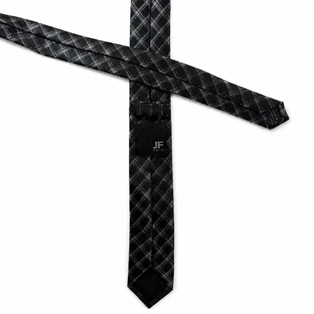 JF J Ferrar Mens Tie Black Silver Gray Plaid Check Grid Polyester Necktie